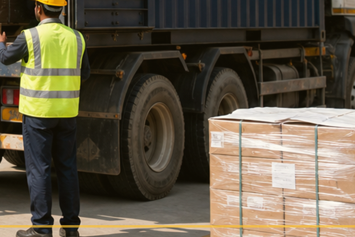 Palletized cargo ready beside a transport vehicle
